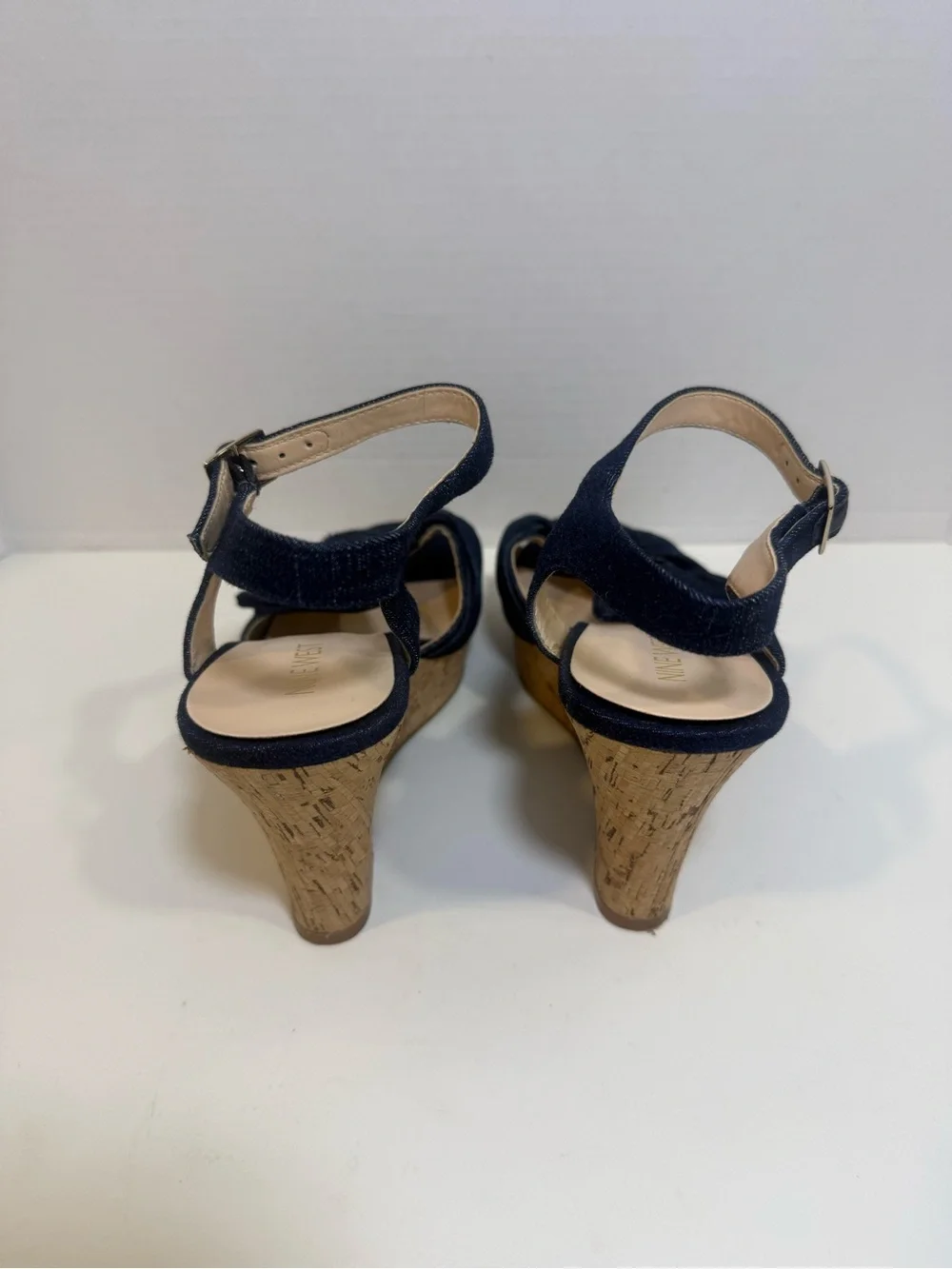 Nine West Womens 7.5 M Blue Denim Bow Cork Wedge Sandals Ankle Strap